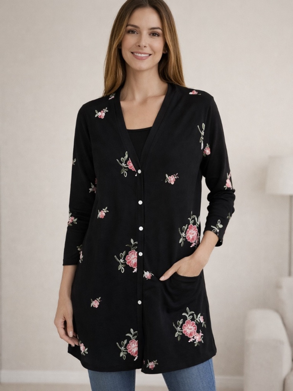 FIGUEROA & Flower Black Floral Embroidered Button Cardigan L